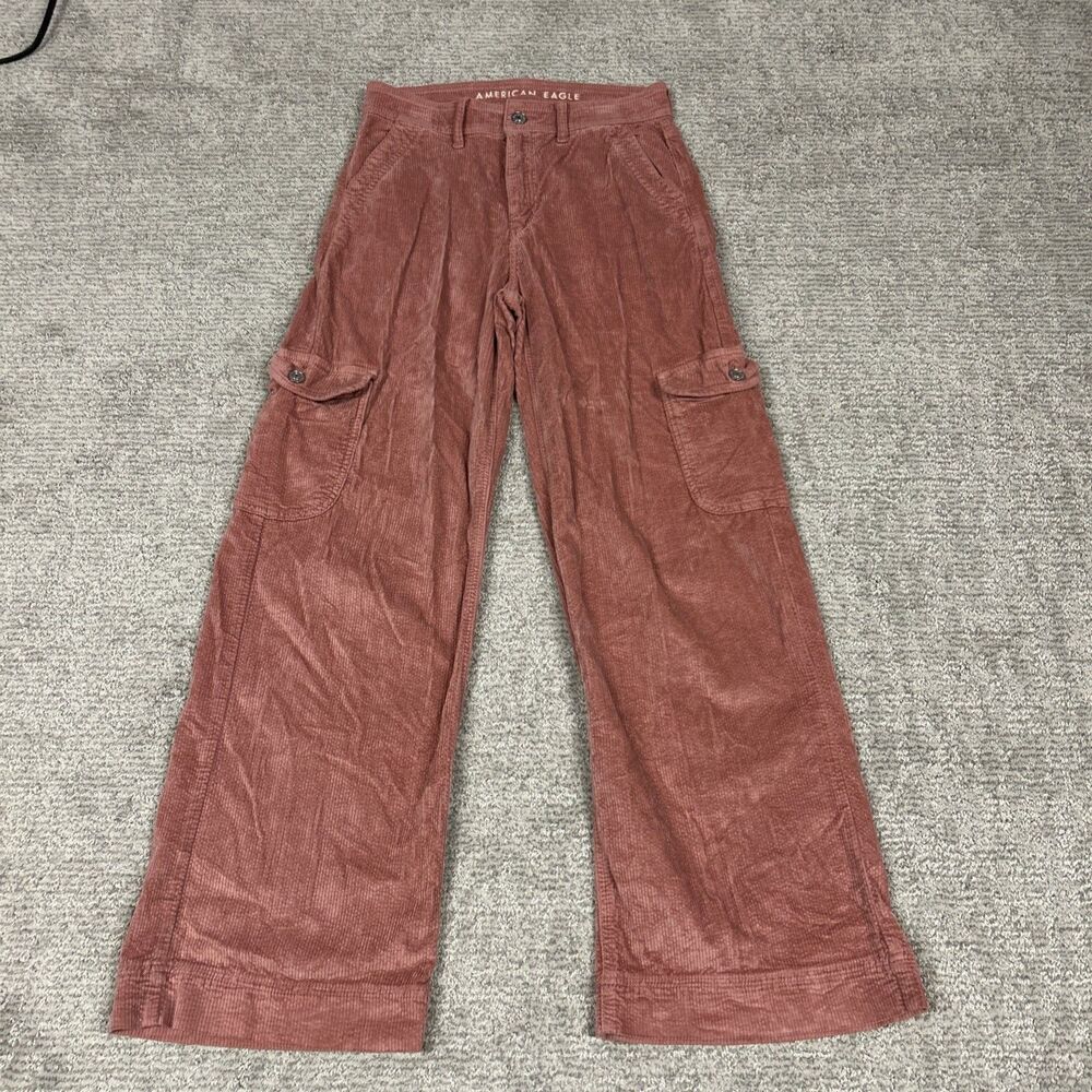 American Eagle Pants Womens 0 Short Pink Corduroy High Rise Cargo Baggy Wide Leg